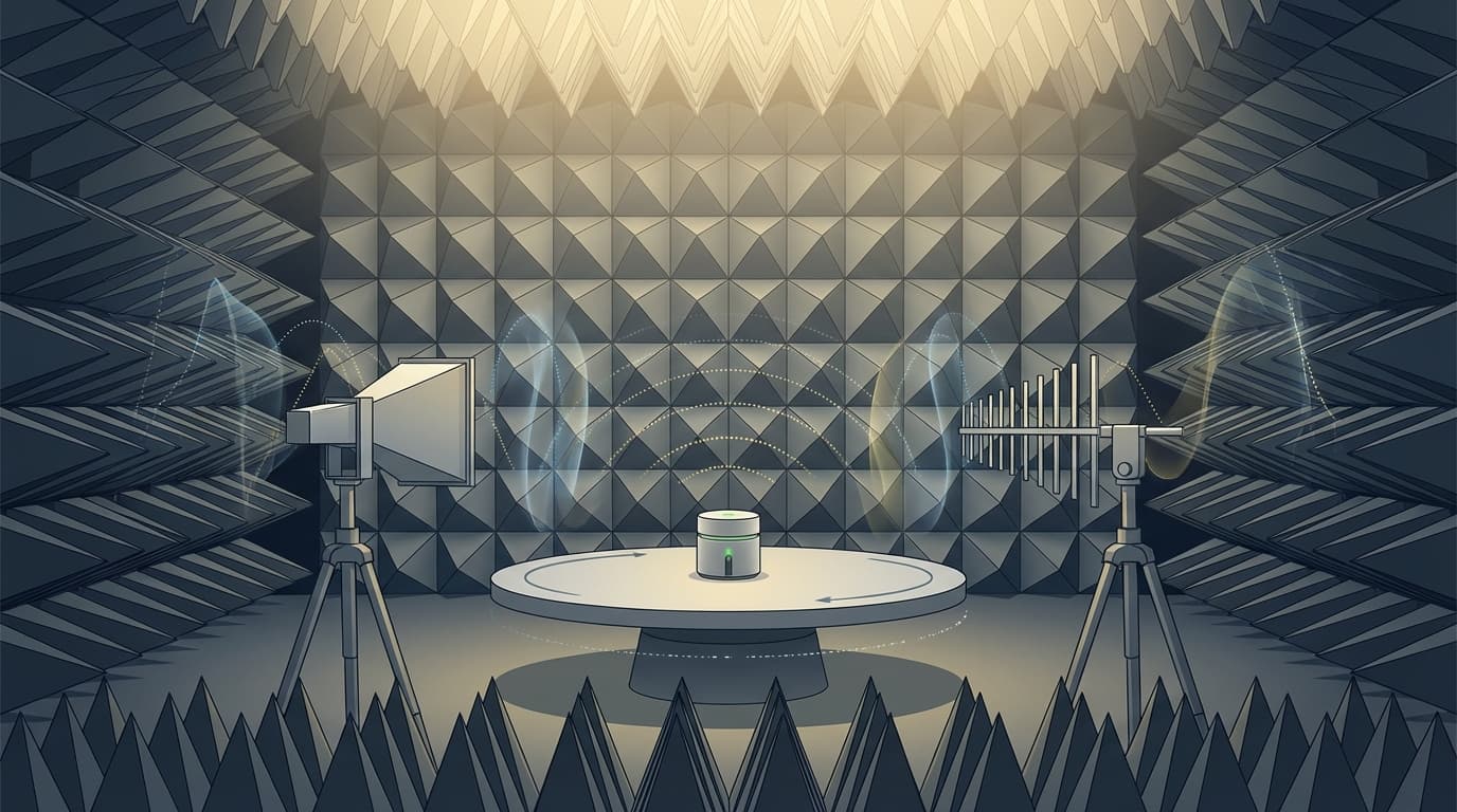 Cámara anecoica de ensayos EMC con pirámides absorbentes de RF, antenas de medición y un pequeño dispositivo IoT en un plato giratorio — el entorno utilizado para los ensayos de compatibilidad electromagnética