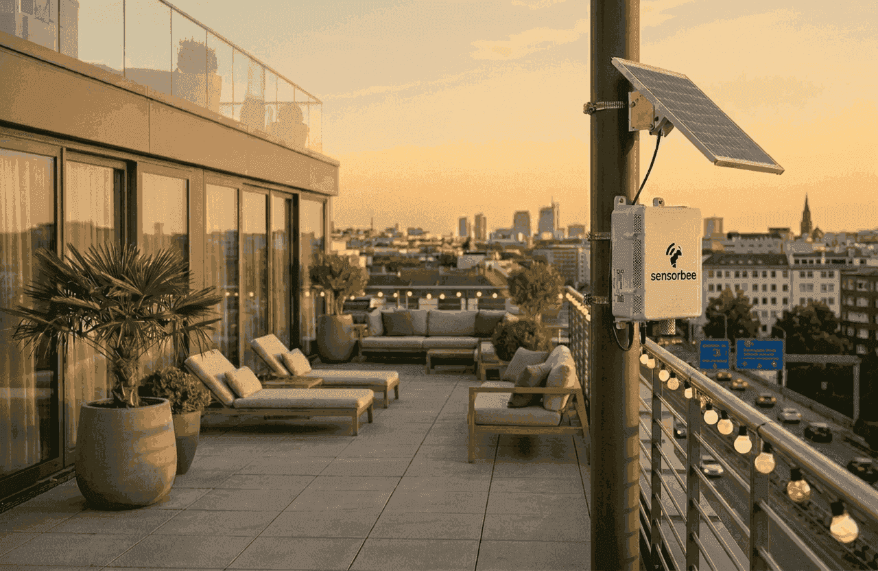 Sensorbee urban air quality monitor deployed in a Clean Air Zone overlooking a city at sunset