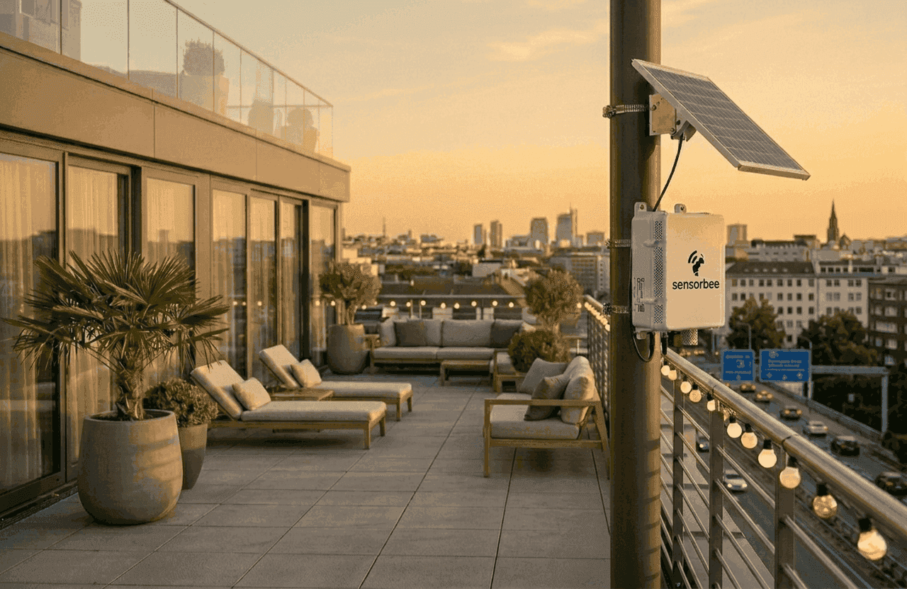 Sensorbee sensor unit mounted on a rooftop pole overlooking a city at sunset
