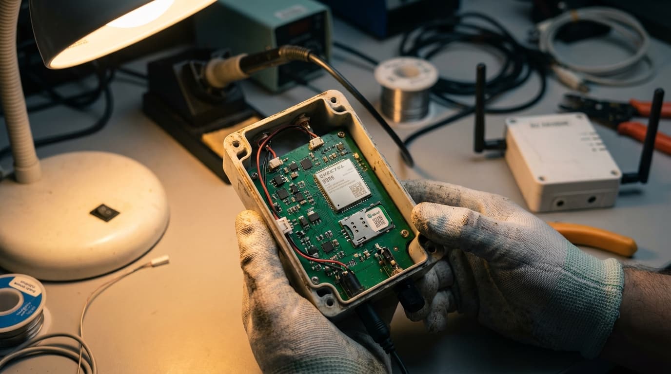 Un sensor IoT abierto en un banco de trabajo, revelando la placa de circuitos y el módulo de módem celular que permite la comunicación LwM2M
