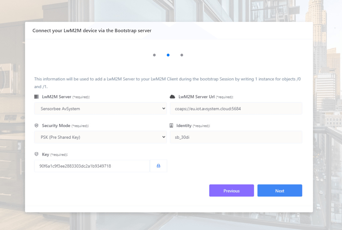 LwM2M server details pre-filled