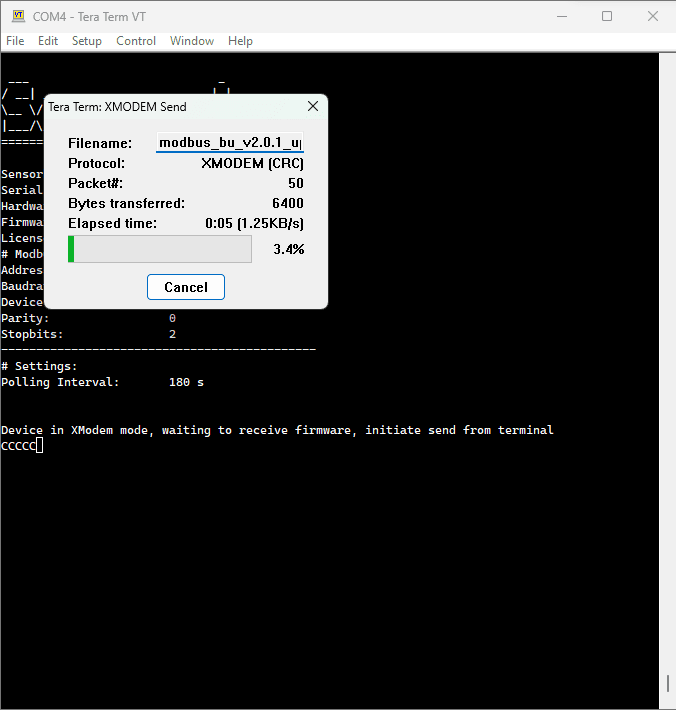 XMODEM transfer in progress