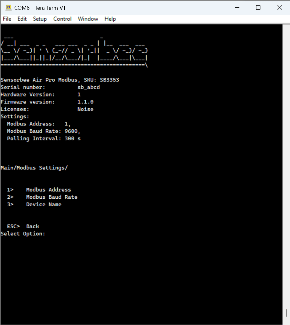 Modbus settings menu