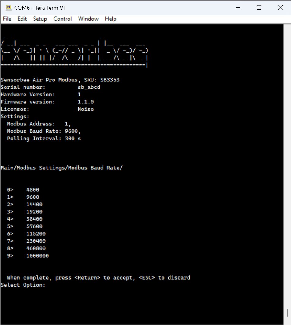 Modbus baud rate menu