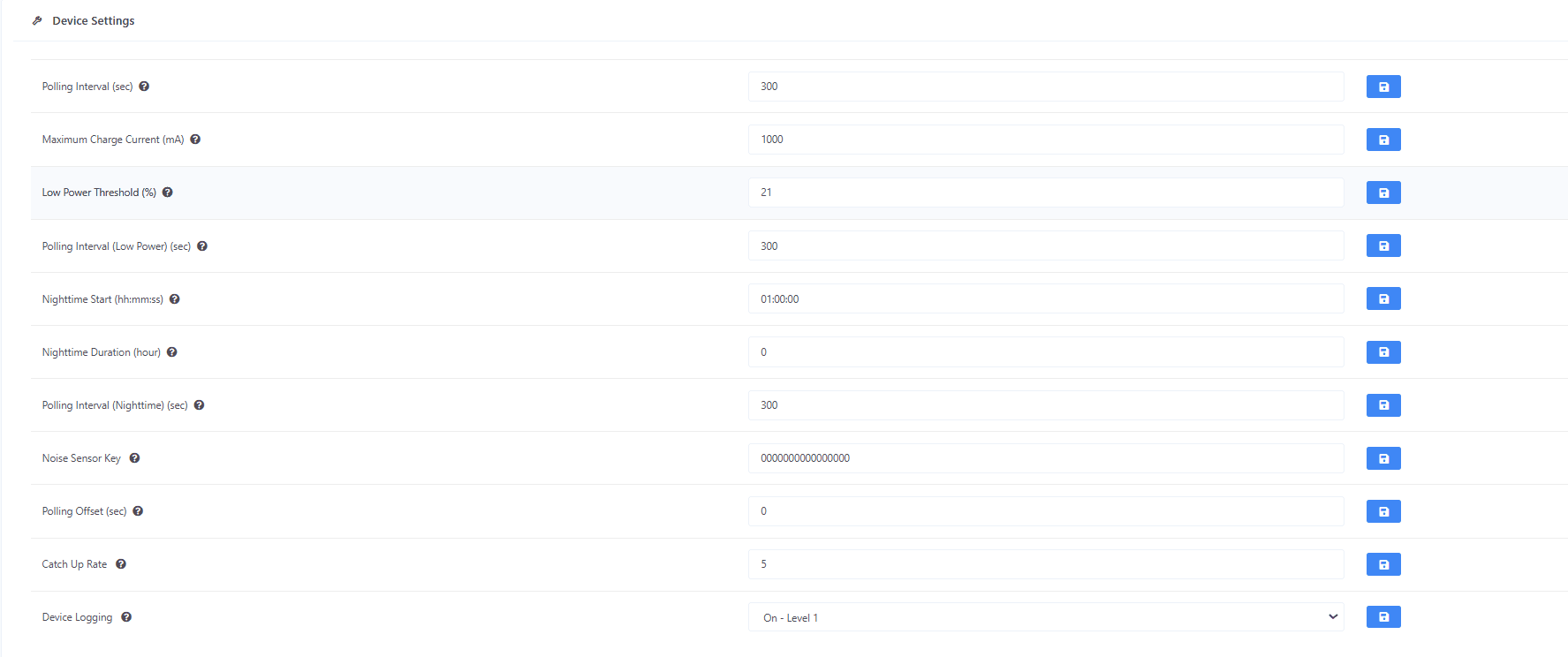 Device settings panel