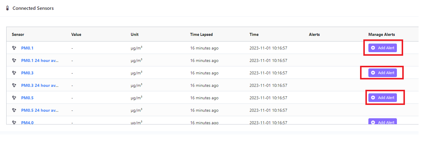 Add alert from the Sensors tab