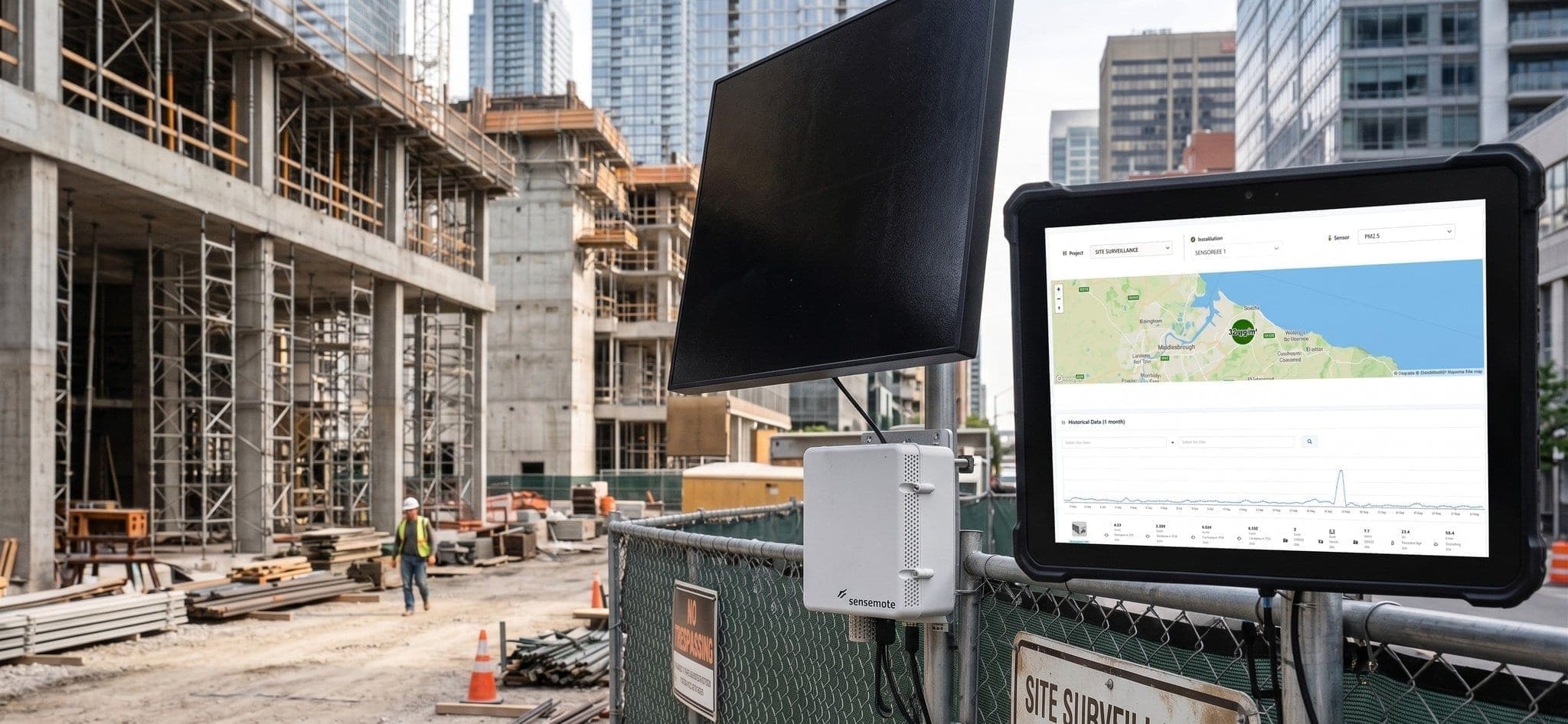 Sensorbee Air Pro 2 auf einer Baustelle mit Cloud-Dashboard