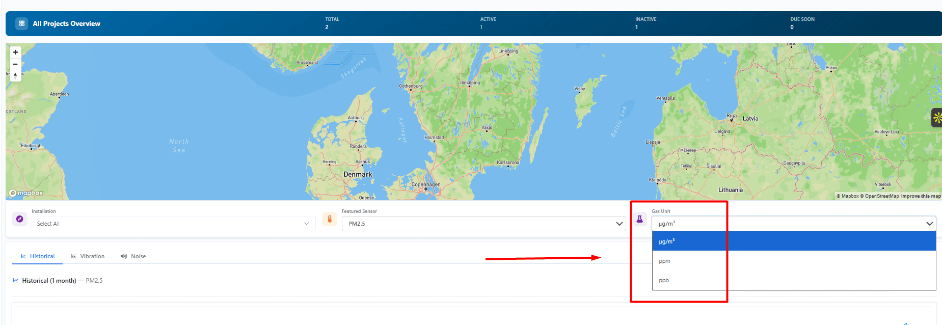 Dashboard map with the new gas unit selector switching between µg/m³ and ppm