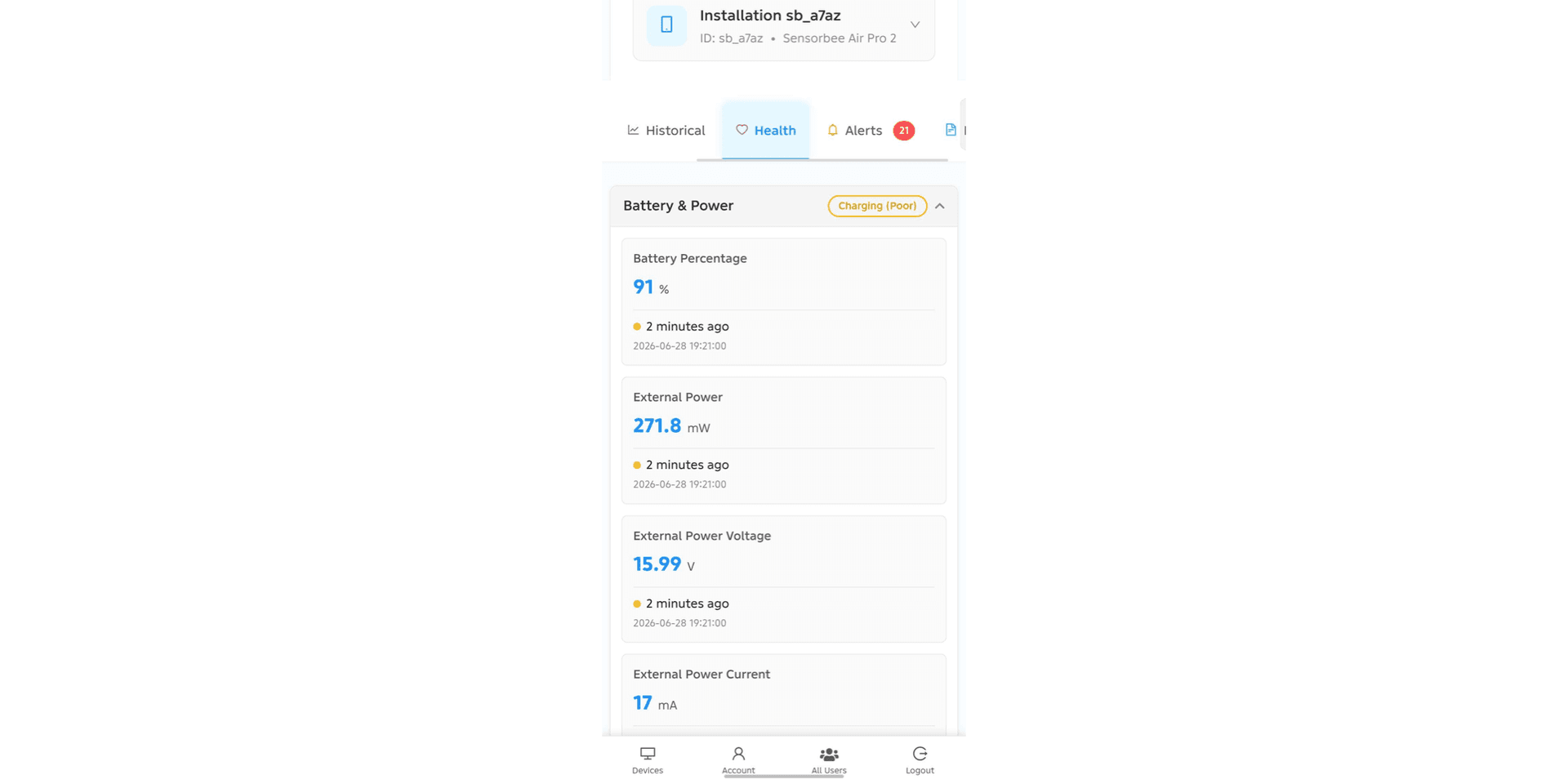 Mobile health view showing battery and power metrics as a sensor-style list of last-read values