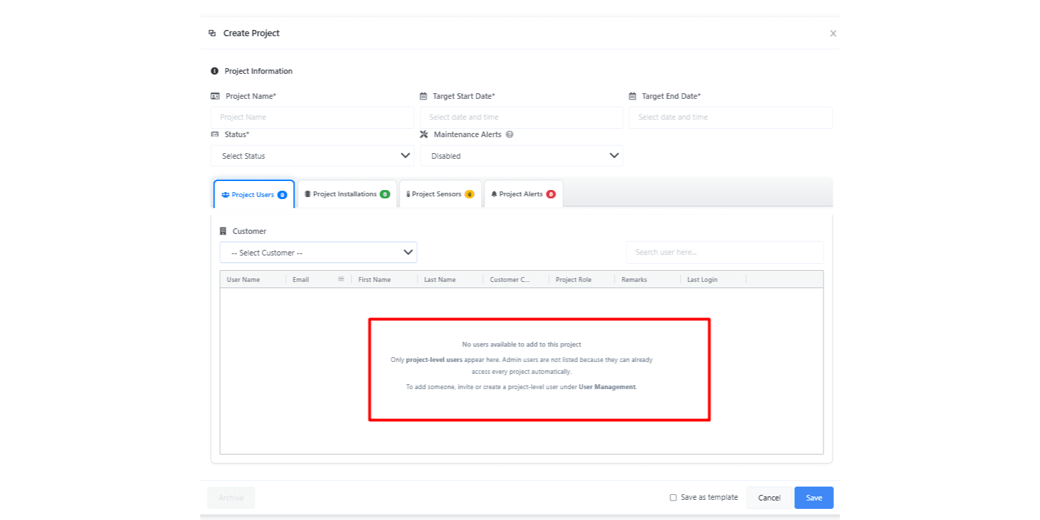 Project setup dialog explaining that all account users have already been added